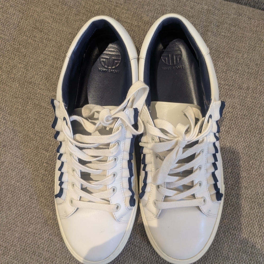 Tory Burch Sport White & Blue Leather Sneakers | Minimalist Casual Shoes - Picture 10 of 12